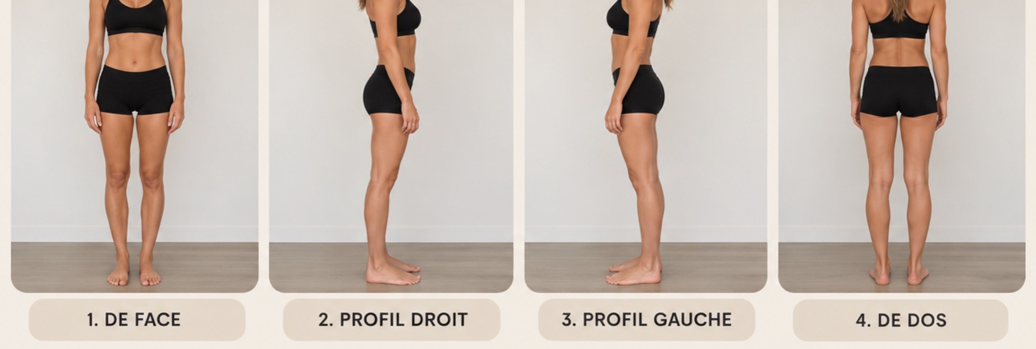 Exemple de quatre photos du corps sans le visage : face, profil droit, profil gauche et dos
