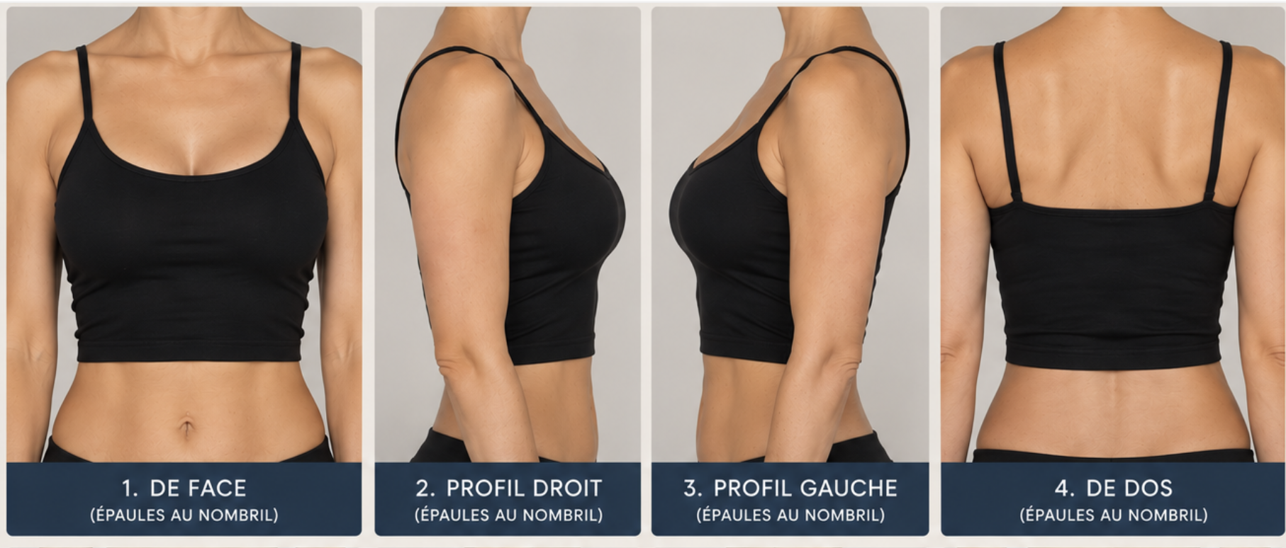 Exemple de quatre photos des seins : face, profil droit, profil gauche et dos