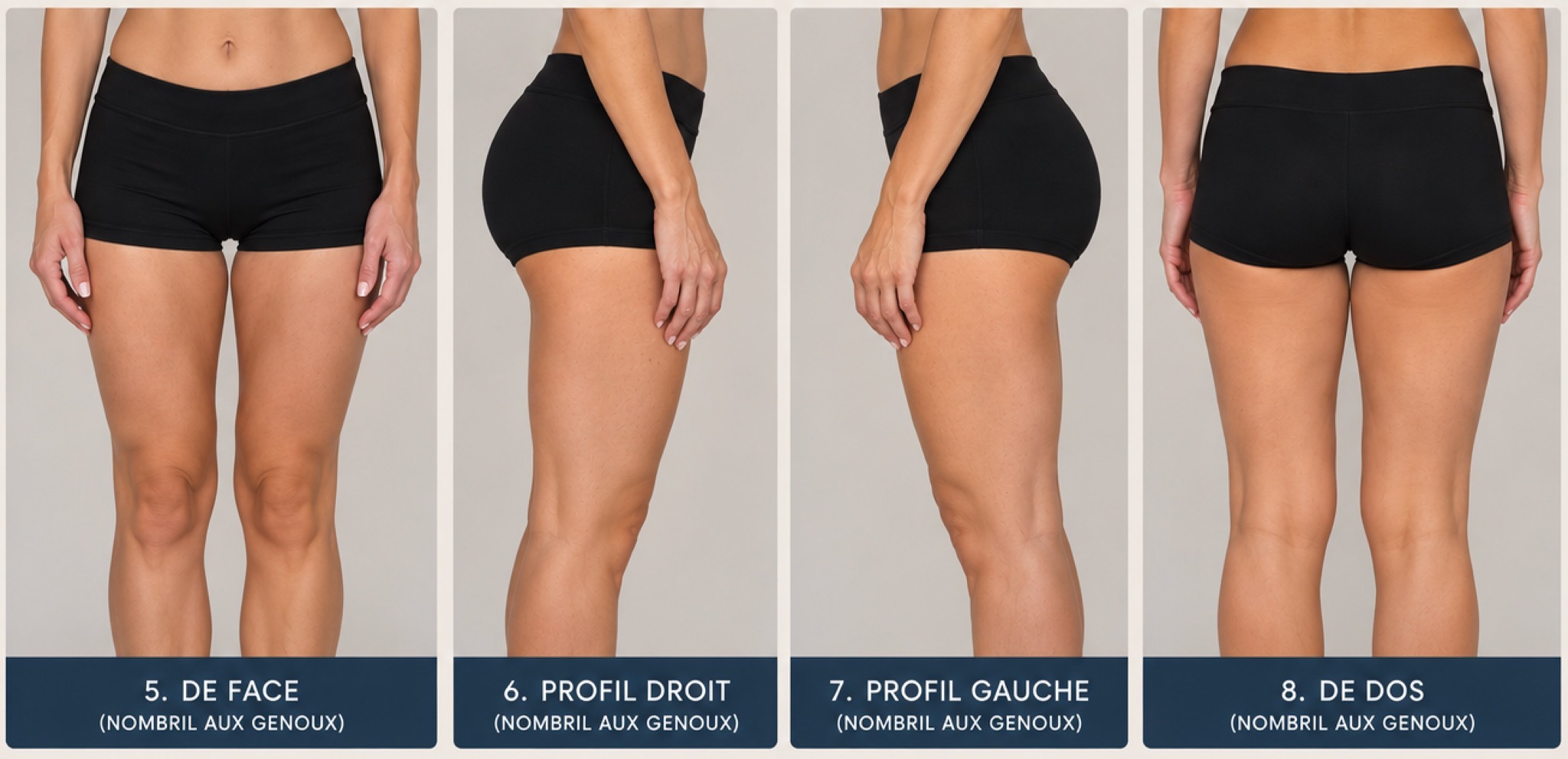 Exemple de quatre photos des fesses : face, profil droit, profil gauche et dos