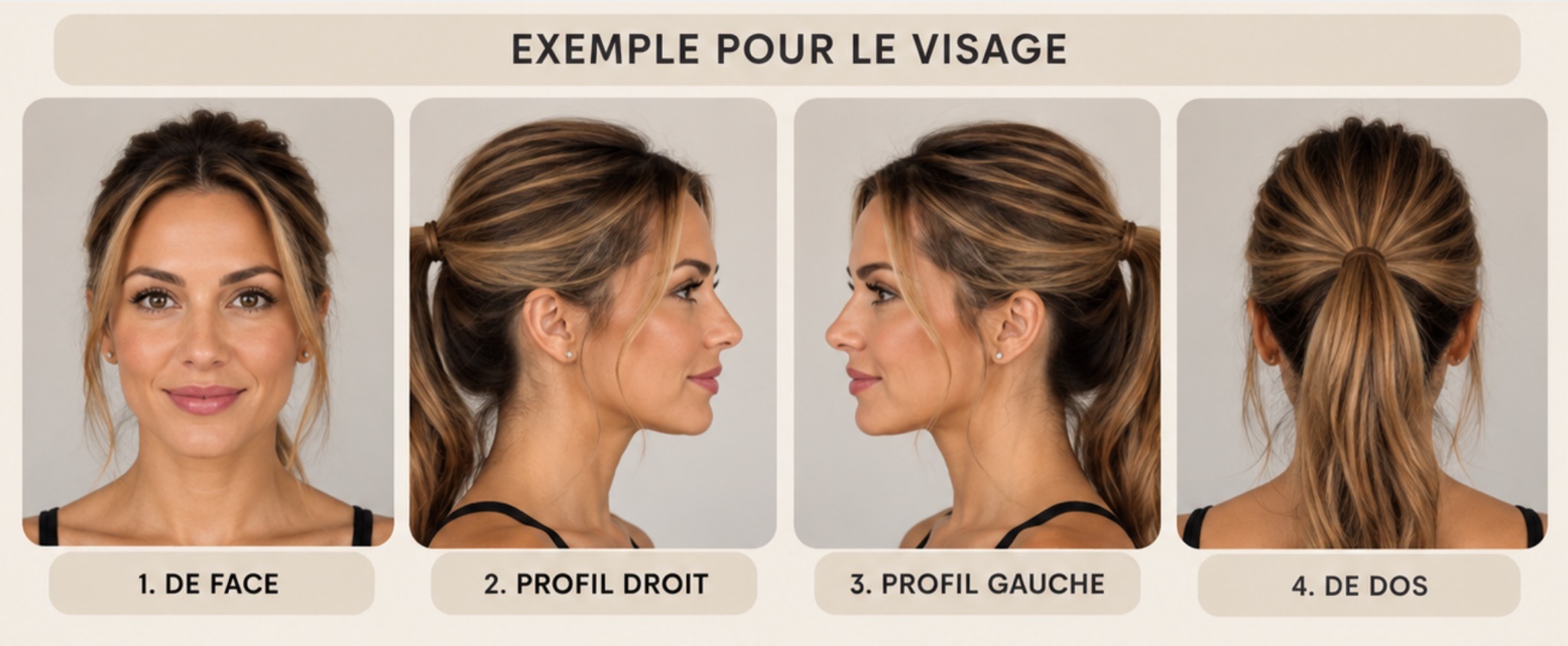 Exemple de quatre photos du visage : face, profil droit, profil gauche et dos