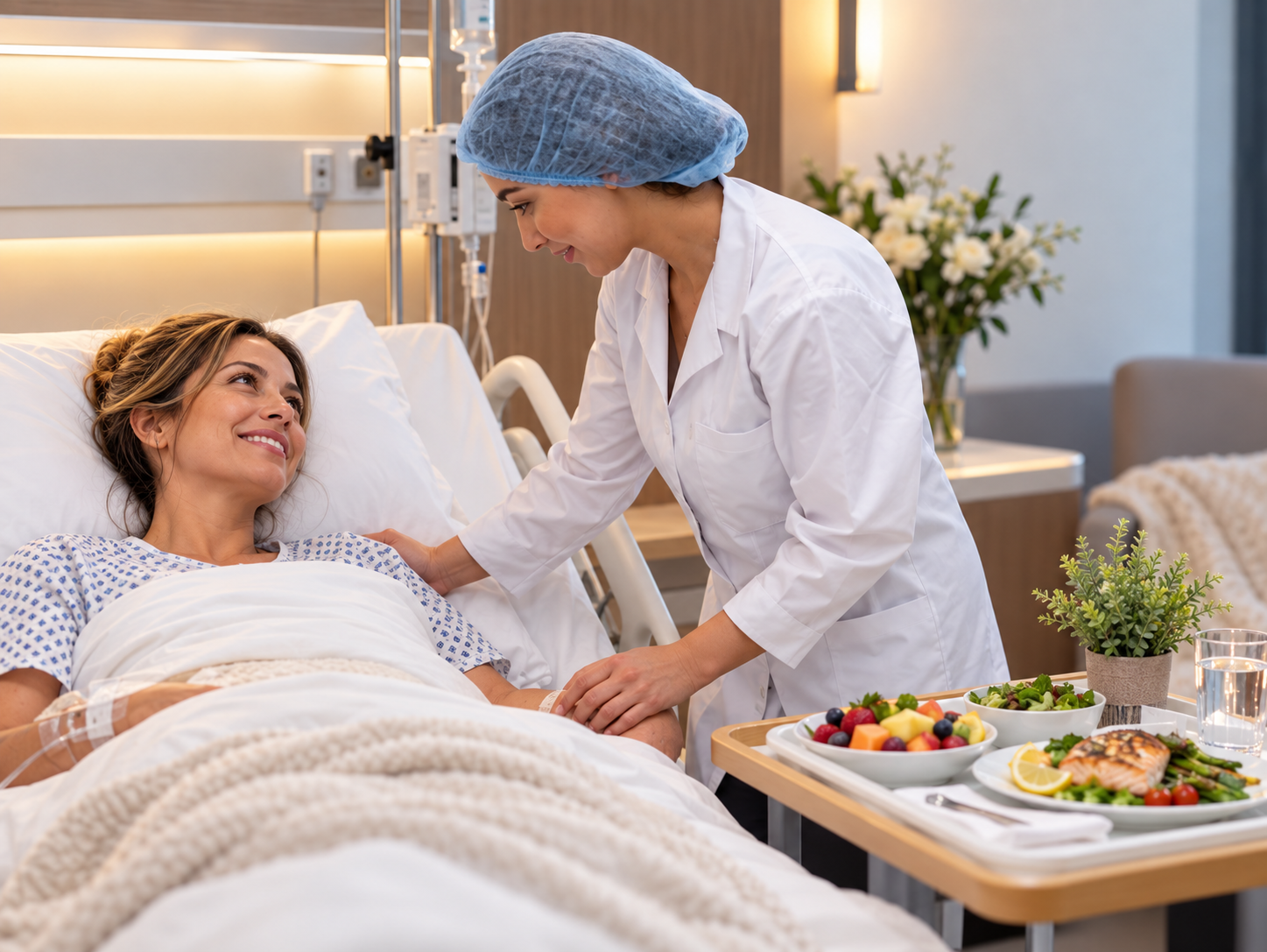 Une professionnelle auprès d’une patiente dans une chambre de convalescence